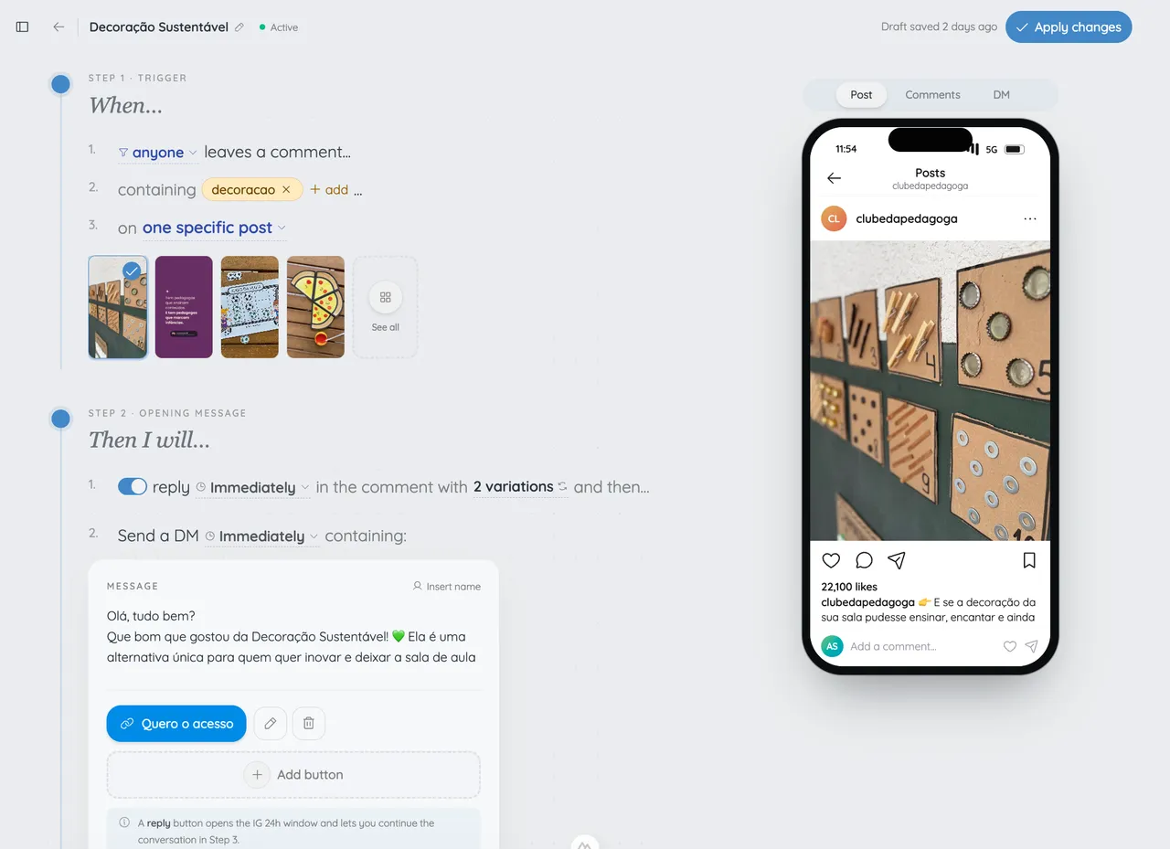 levios builder with sentence-based automation, post picker, and phone preview alongside