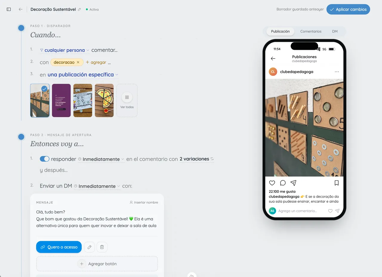 Builder de levios con automatización por frase, selector de publicaciones y vista previa del celular al lado