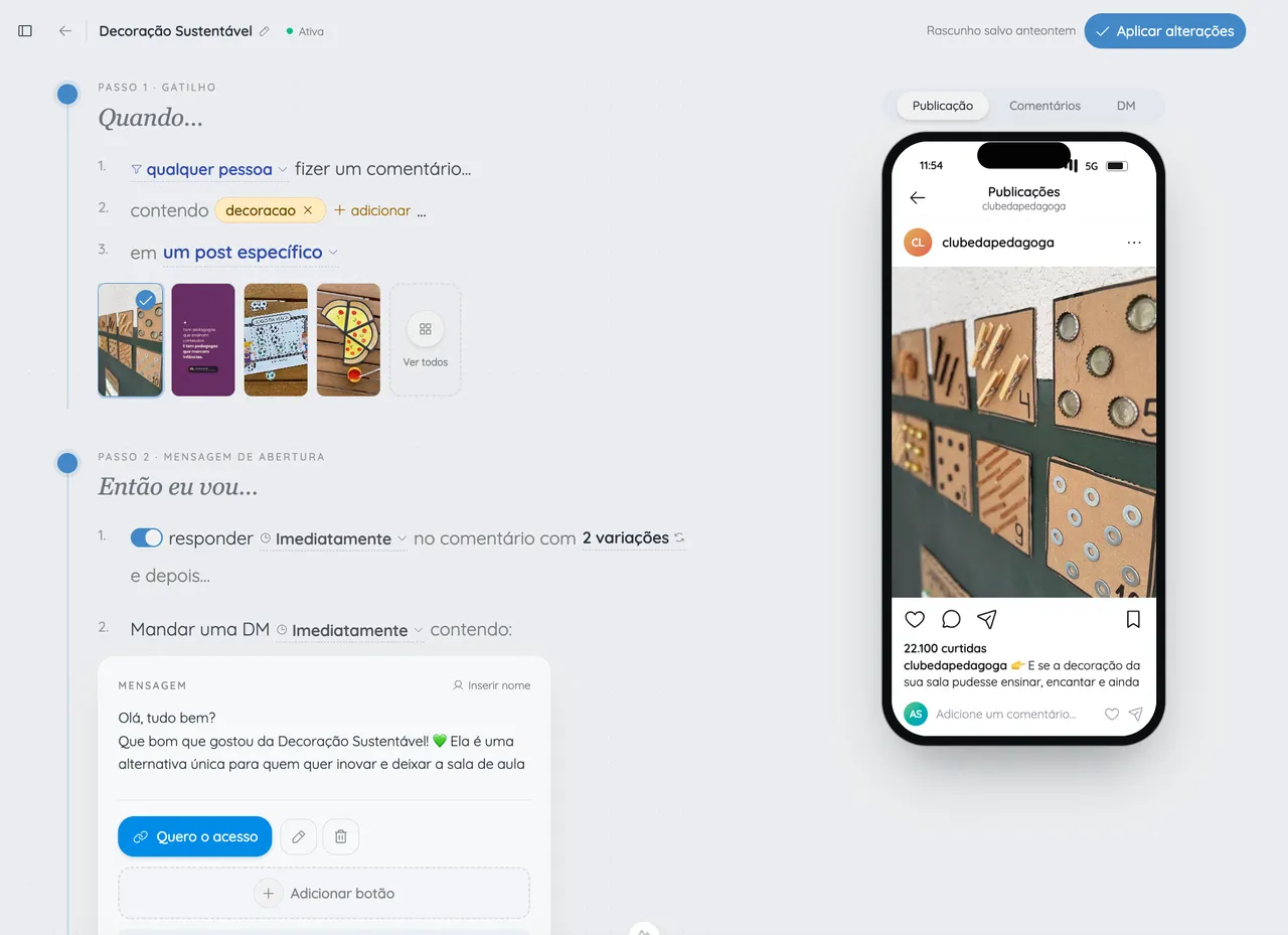 Builder da levios com automação por frase, galeria de posts e preview de celular ao lado