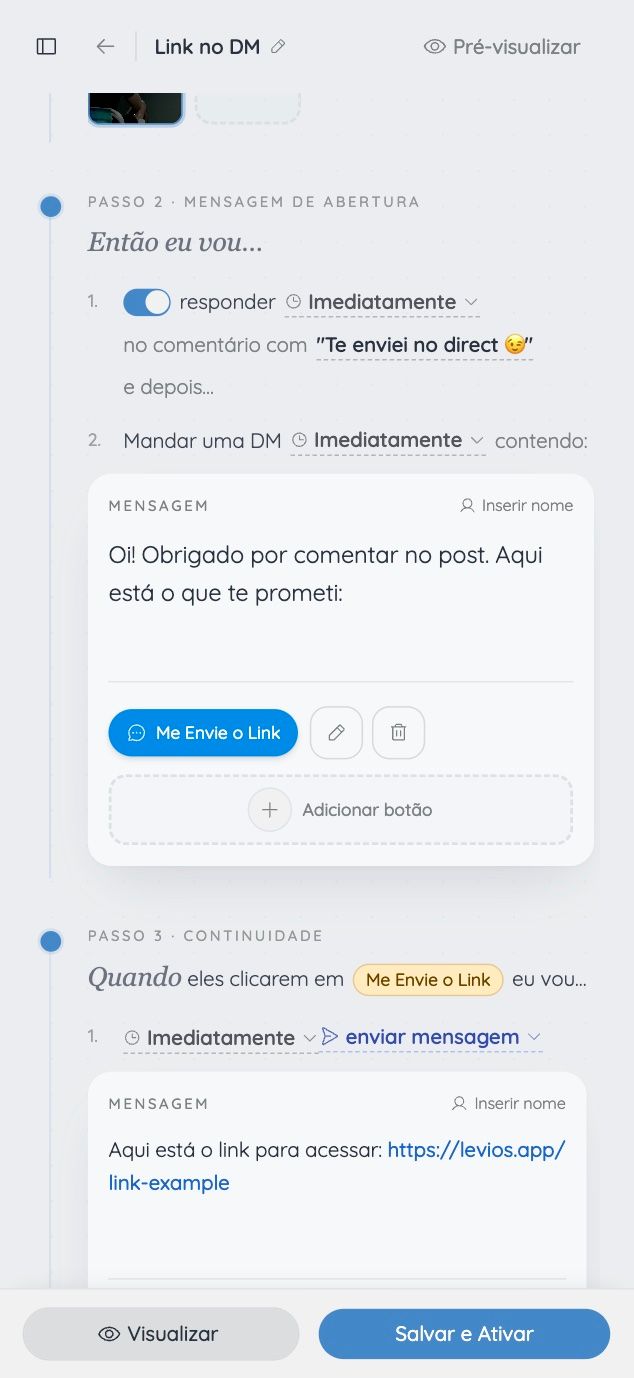 Opening message and follow-up setup in the levios builder